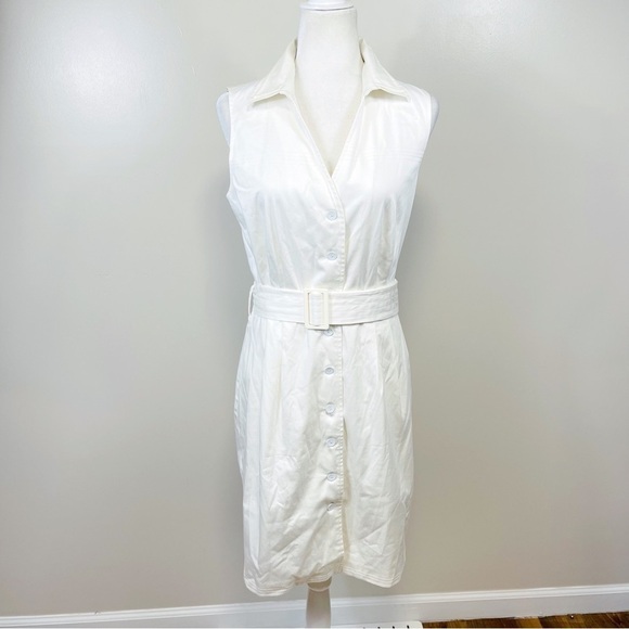 CALVIN KLEIN Ivory White Button Down Sleeveless Belted Dress - Size 10 - Picture 1 of 9